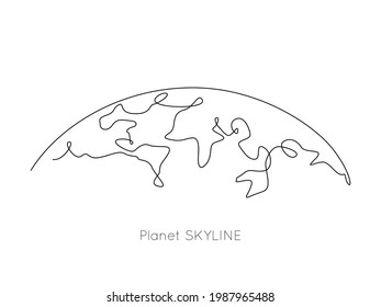 Planet skyline and world map in one continuous line drawing. Earth globe horizon in linear style. Minimalistic vector illustration