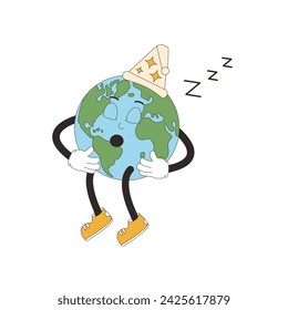 Planet sleeping mascot in retro style. Earth hour. Cute globe character isolated on white background. Vector illustration.