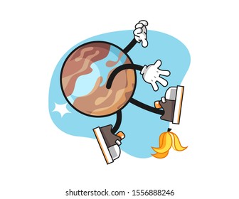 Planet slip on banana peel cartoon. Mascot Character vector.
