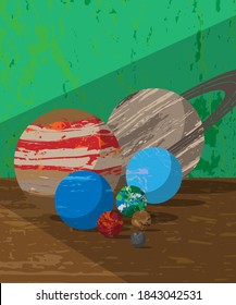 the planet in the solar system, the art work have 9 planet, it have only the planet without the sun , the planet are  Mercury, Venus, Earth, Mars, Jupiter, Saturn, Uranus, Neptune and pluto