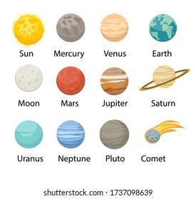 Planet solar system icons flat style. Planets collection with sun, mercury, mars, earth, uranium, neptune, mars, pluto, venus. Children's educational vector illustration