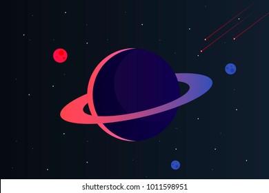 Planet of solar system: Saturn on space background with stars and satellite, moon and comet. Flat design. Vector illustration, eps 10.