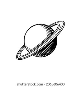 Planet in solar system. Saturn in vintage style . Astronomical galaxy space. Engraved hand drawn in old sketch for label.