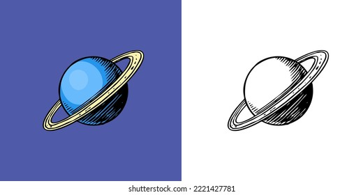 Planeta en el sistema solar. Saturno de estilo vintage. Espacio de galaxia astronómica. La mano grabada dibujada en un dibujo antiguo para la etiqueta.