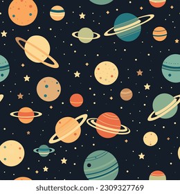 Planet in solar system for seamless pattern in hand draw doodle style and colorful