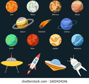 Planet of the solar system and spaceships. Sun, Moon, Mercury, Mars, Earth, Uranus, Neptune, Pluto, Venus, Saturn, Jupiter, flying asteroid. Vector illustration of space. Vector.