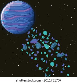 Planet in space with asteroids. Retro game design interface. Pixel art space background. 8 bit.
