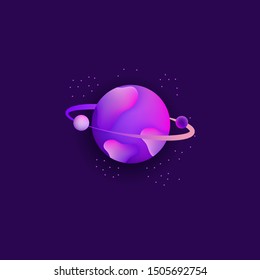 Planet in space with asteroids and star dust for a galaxy or universe astronomy design flat vector illustration on cosmos blue background . Science fiction or fantasy icon.