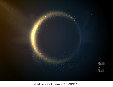 Planet in space background. Universe stars. Dark sphere with a shiny glitter contour. Incident light effect. Eclipse. Vector illustration