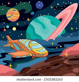 Planet, space base on alien planet. Futuristic landscape with spaceship, rocket and rover at night. Galaxy exploration, cosmic mission concept, vector cartoon illustration