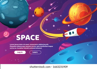 Planet space cartoon background composition with space headline login and learn buttons vector illustration