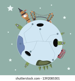 Planet in space. City on top. Children's illustration.