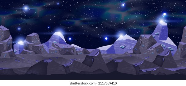 Planet-Weltraum-Landschaft, Vektornahtlose Spielhintergrund, außerirdische Felsenoberfläche, Nachthimmel, Sterne. Moon Umgebung Panoramablick, Asteroid violetter Stein, Kosmos horizontale Banner. Planetenlandschaft