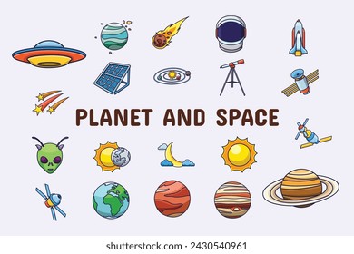Planet and Space Lineal Color Vector Illustration Icon Sticker Set Design Materials