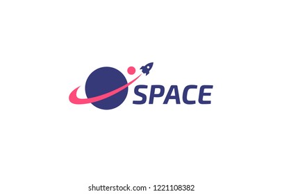 Planet, space logo. Globe, orbit, science, technology, start up, universe futuristic icon with spaceship.