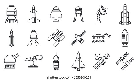 Planet space research technology icons set. Outline set of planet space research technology vector icons for web design isolated on white background