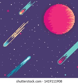 Planet in space. Retro game design interface. Retro computer stars for template or design element with pixel theme. Pixel art background. 8 bit.