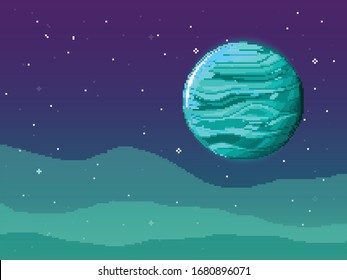 Planet in space. Retro game design interface. Retro computer stars for template or design element with pixel theme. Pixel art background. 8 bit.