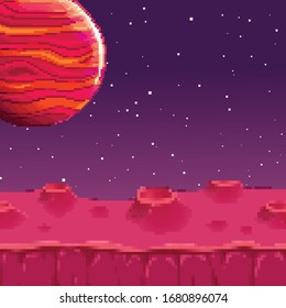 Planet in space. Retro game design interface. Retro computer stars for template or design element with pixel theme. Pixel art background. 8 bit.