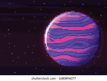 Planet in space. Retro game design interface. Retro computer stars for template or design element with pixel theme. Pixel art background. 8 bit.