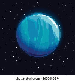 Planet in space. Retro game design interface. Retro computer stars for template or design element with pixel theme. Pixel art background. 8 bit.