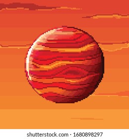 Planet in space. Retro game design interface. Retro computer stars for template or design element with pixel theme. Pixel art background. 8 bit.