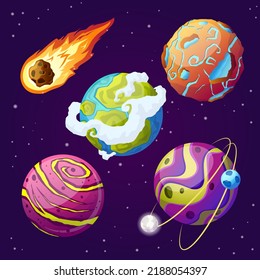 planet space set cartoon. moon star, comet universe, solar galaxy, cosmos astronomy, sky system planet space vector illustration