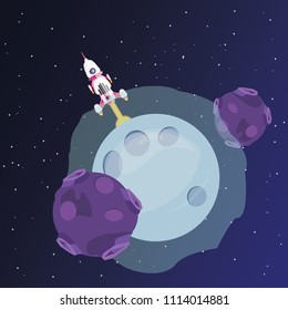 Planet with space ship rocket launch, stars and asteroids. Vector illustration of cosmos, black holes and comets in space