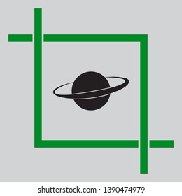 Planet in space sign. Black icon inside green crop tool at light gray background