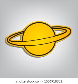 Planet in space sign. Flat orange icon with overlapping linear black icon with gray shadow at whitish background. Illustration.