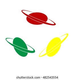 Planet in space sign. Isometric style of red, green and yellow icon.