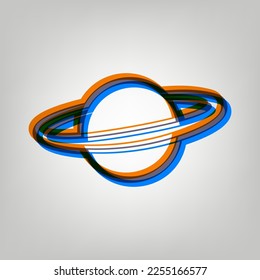 Cartel de planeta en el espacio. Icono marcado en colores naranja, azul y lavanda antigua en fondo gris. Ilustración.