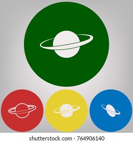 Planet in space sign. Vector. 4 white styles of icon at 4 colored circles on light gray background.