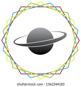 Planet in space sign. Vector. Black icon with patch of light inside colorful hexagonal frames at white background.