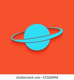Planet in space sign. Vector. Blue icon with soft shadow putted down on flamingo background.