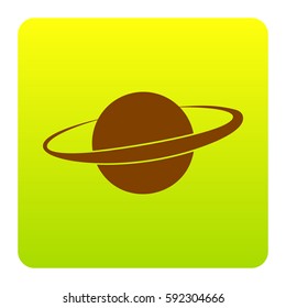 Planet in space sign. Vector. Brown icon at green-yellow gradient square with rounded corners on white background. Isolated.