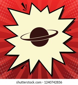 Planet in space sign. Vector. Dark red icon in lemon chiffon shutter bubble at red popart background with rays.