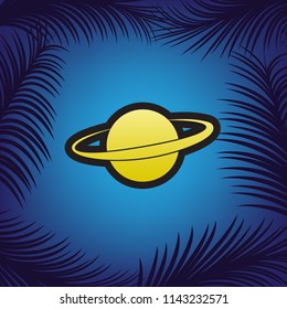Planet in space sign. Vector. Golden icon with black contour at blue background with branches of palm trees.