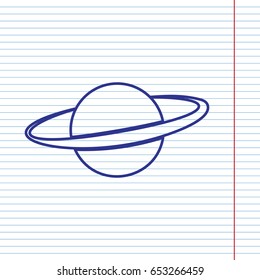 Planet in space sign. Vector. Navy line icon on notebook paper as background with red line for field.