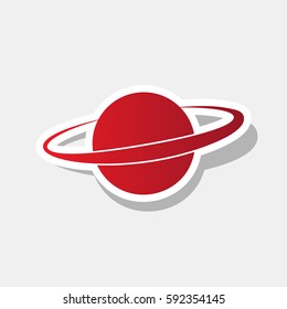 Planet in space sign. Vector. New year reddish icon with outside stroke and gray shadow on light gray background.