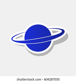 Planet in space sign. Vector. New year bluish icon with outside stroke and gray shadow on light gray background.