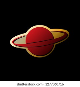 Planet in space sign. Vector. Red icon with small black and limitless shadows at golden sticker on black background.