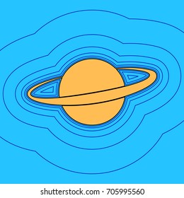 Planet in space sign. Vector. Sand color icon with black contour and equidistant blue contours like field at sky blue background. Like waves on map - island in ocean or sea.