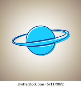 Planet in space sign. Vector. Sky blue icon with blue contour on beige background.