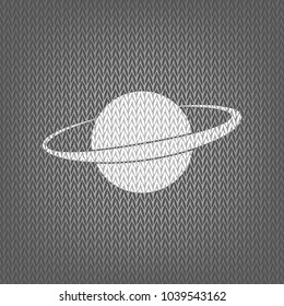 Planet in space sign. Vector. White knitted icon on gray knitted background. Isolated.