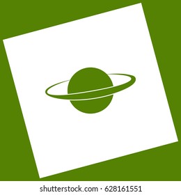 Planet in space sign. Vector. White icon obtained as a result of subtraction rotated square and path. Avocado background.