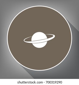 Planet in space sign. Vector. White icon on brown circle with white contour and long shadow at gray background. Like top view on postament.
