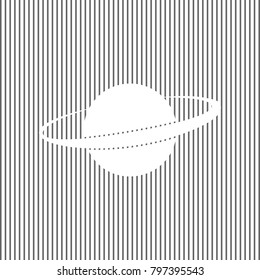 Planet in space sign. Vector. White icon on grayish striped background. Optical illusion.