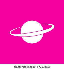 Planet in space sign. White icon at magenta background.