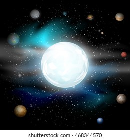 Planet in space. Solar system. Moon against planets and the Universe. Space background. Vector illustration